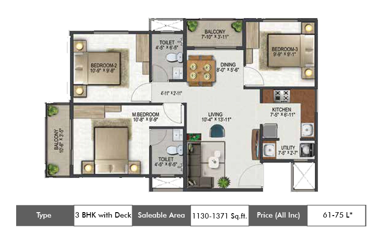 3 BHK Apartment (1130-1371 sq ft) at Sowparnika Olivia Nest