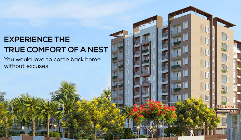 Aerial Day View of Sowparnika Olivia Nest, showcasing the sprawling complex with landscaped gardens, swimming pool, and modern apartment buildings in Sarjapur, Bangalore