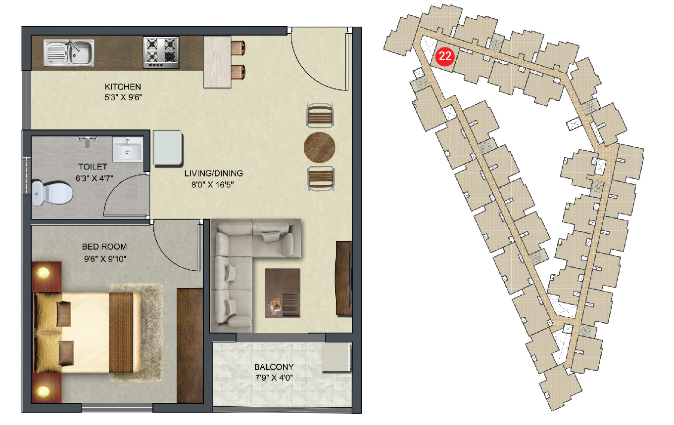Sowparnika Sunray - 1 BHK Apartment Layout (547 sq. ft.)