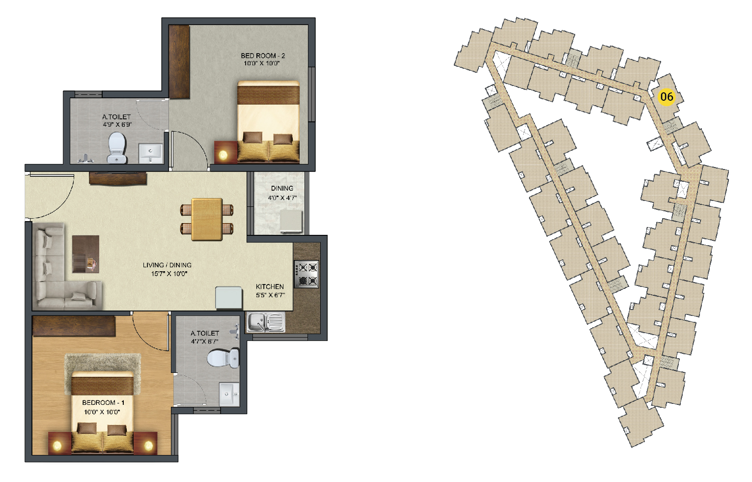 Sowparnika Sunray - 2 BHK Apartment Layout (737 sq. ft.)