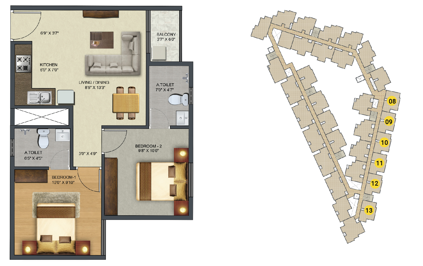 Sowparnika Sunray - 2 BHK Apartment Layout (745 sq. ft.)