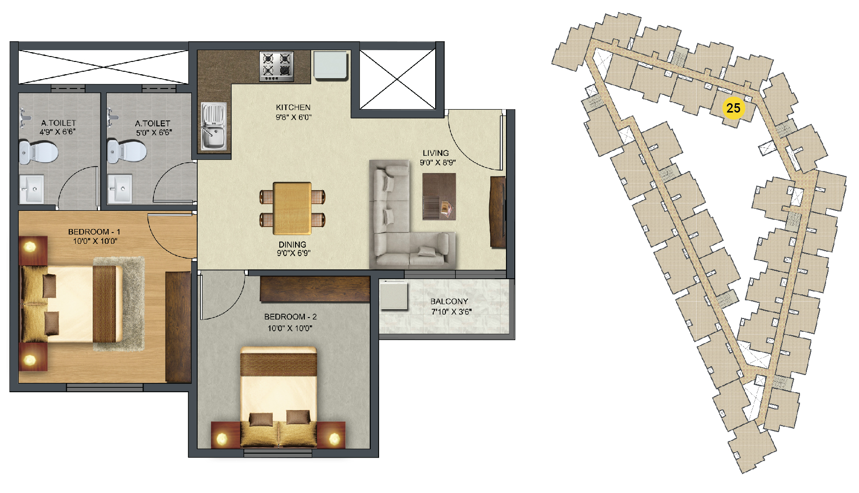 Sowparnika Sunray - 2 BHK Apartment Layout (754 sq. ft.)