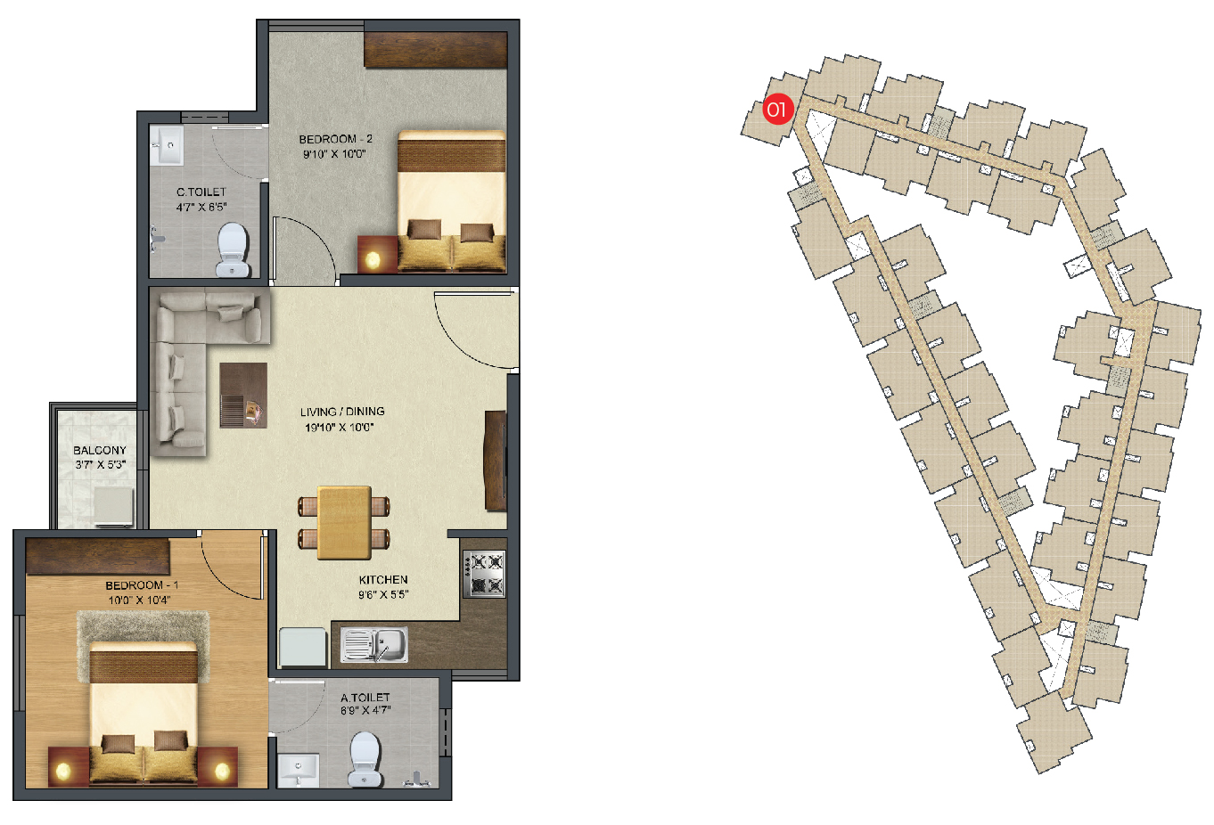Sowparnika Sunray - 2 BHK Apartment Layout (757 sq. ft.)