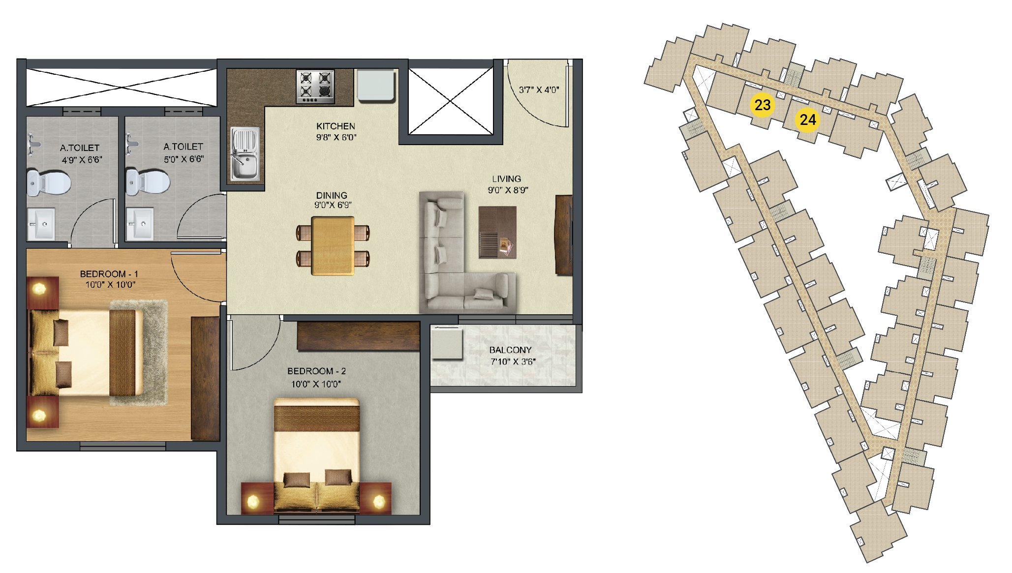Sowparnika Sunray - 2 BHK Apartment Layout (776 sq. ft.)