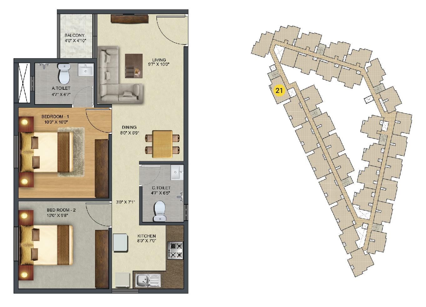 Sowparnika Sunray - 2 BHK Apartment Layout (777 sq. ft.)