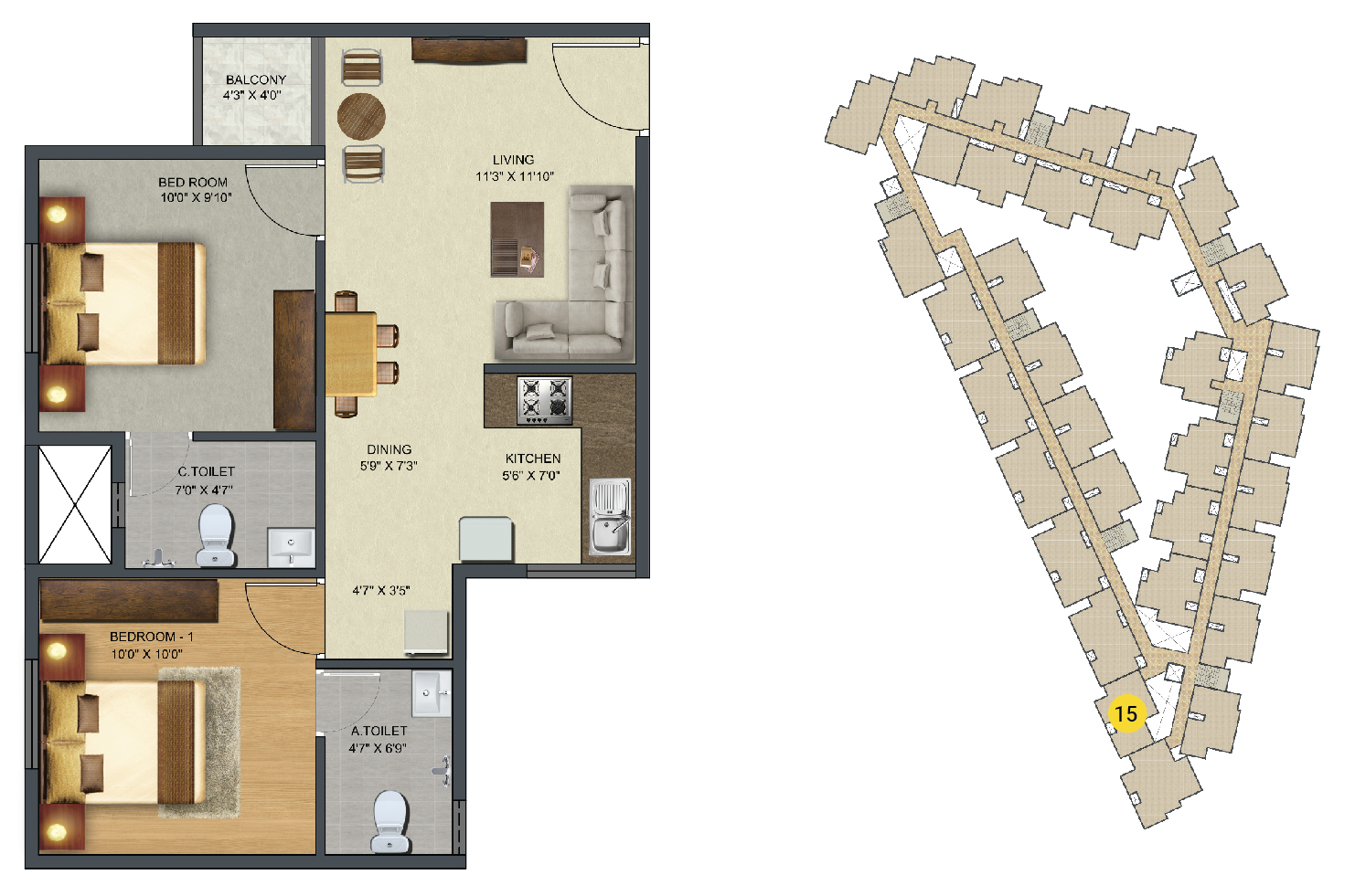 Sowparnika Sunray - 2 BHK Apartment Layout (789 sq. ft.)