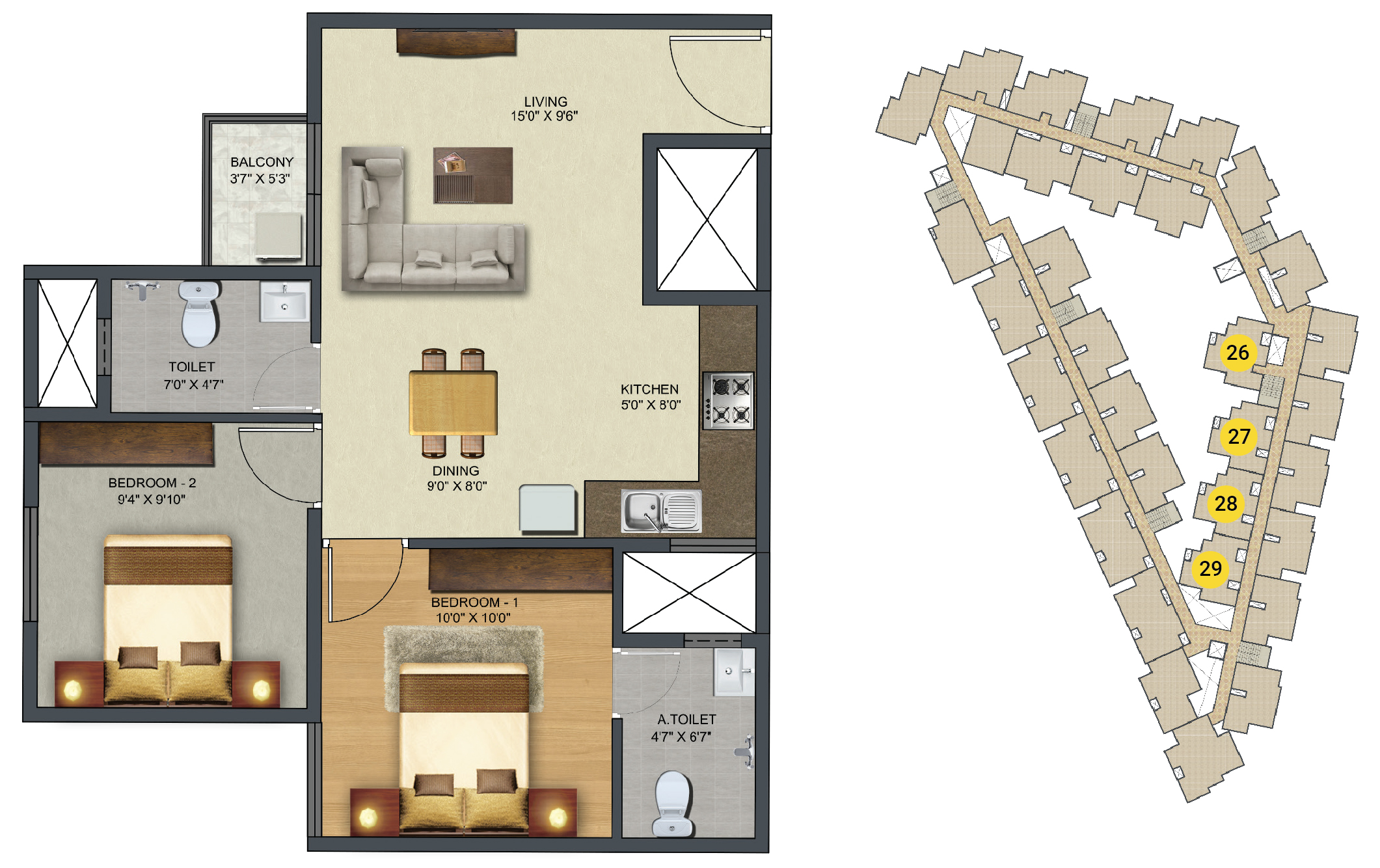 Sowparnika Sunray - 2 BHK Apartment Layout (802 sq. ft.)