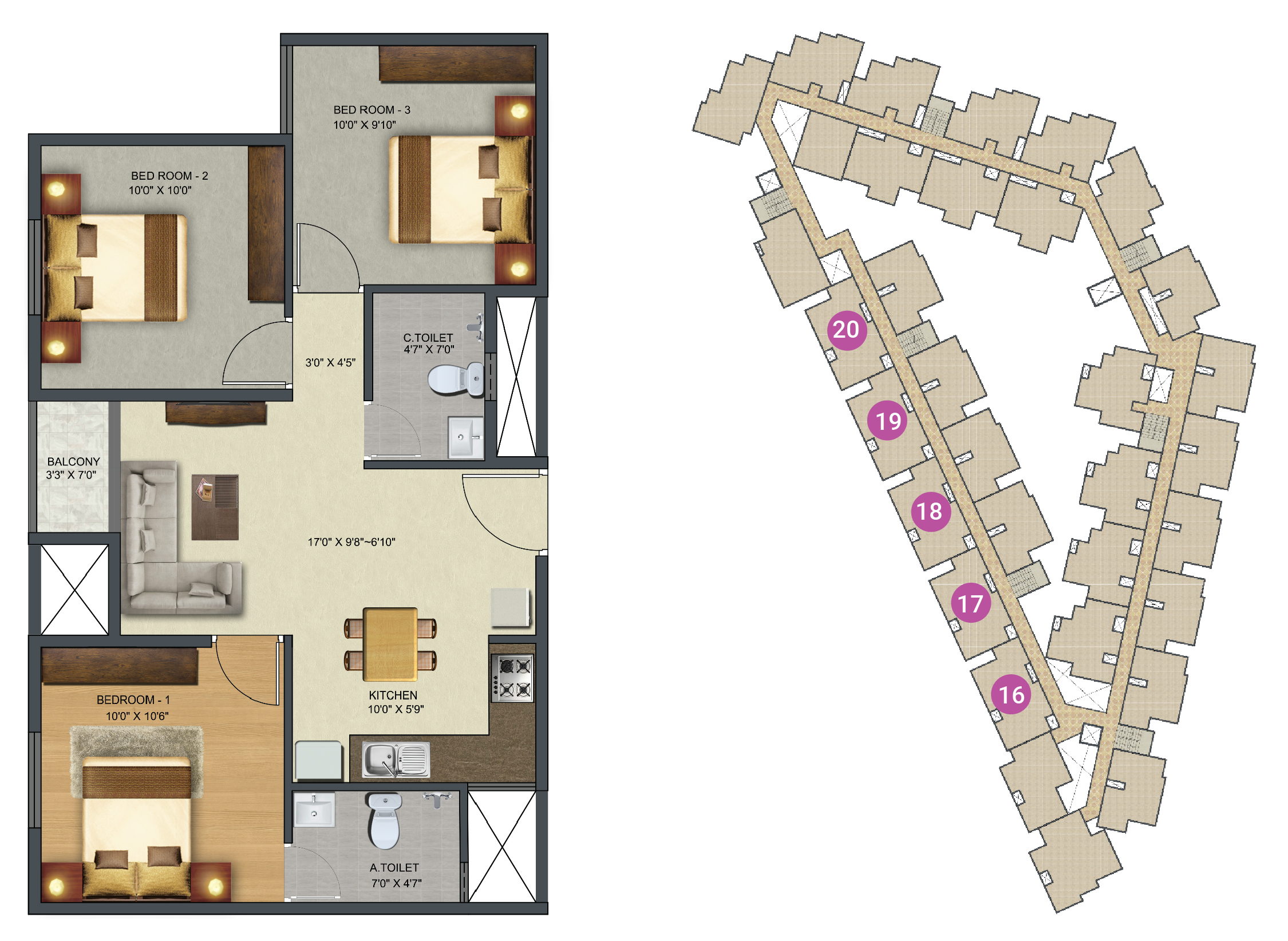 Sowparnika Sunray - 3 BHK Apartment Layout (943 sq. ft.)