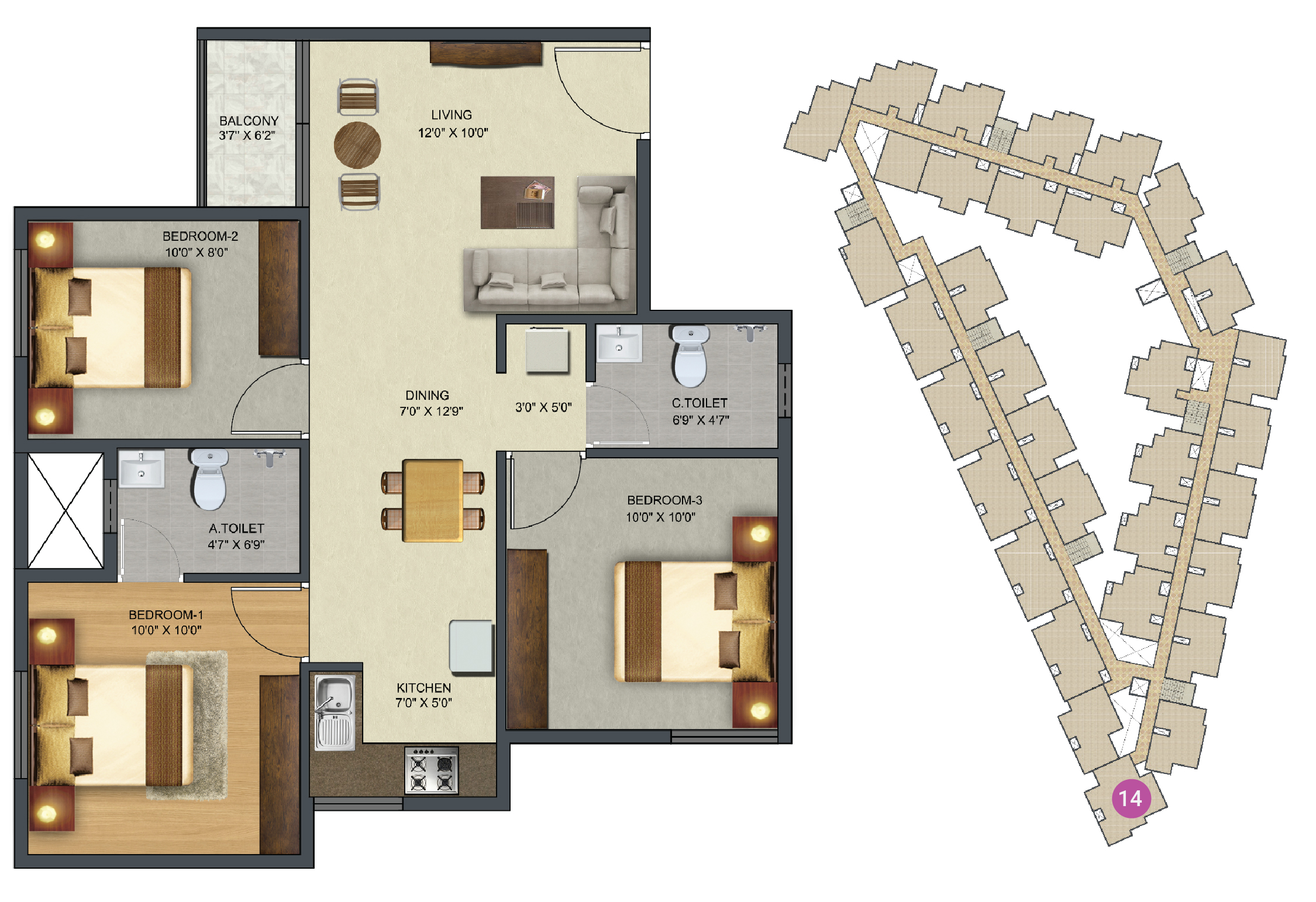  Sowparnika Sunray - 3 BHK Apartment Layout (973 sq. ft.)