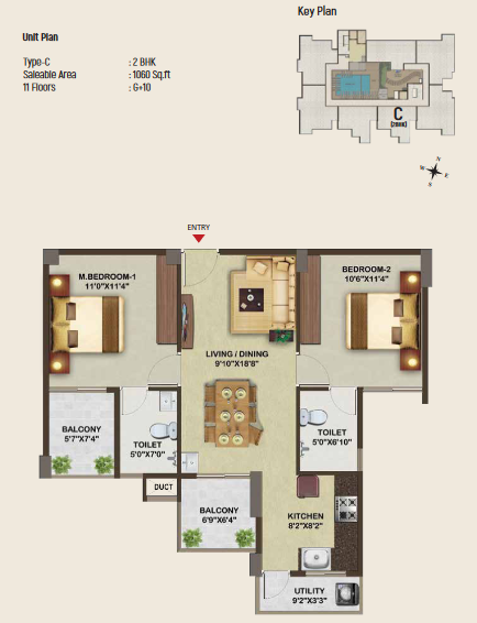 Sowparnika Edifice Type C 2BHK Apartment, Saleable area 1060 Sq ft, spanning 11 floors from ground floor to 10th floor