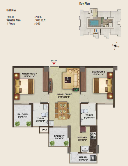 Sowparnika Edifice Type D 2BHK Apartment, Saleable area 1060 Sq ft, spanning 11 floors from ground floor to 10th floor