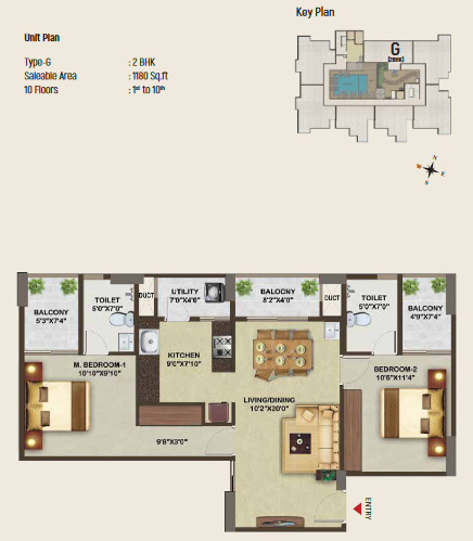 Sowparnika Edifice Type G 2BHK Apartment, Saleable area 1180 Sq ft, spanning 10 floors from 1st to 10th floor, showcasing luxurious living spaces and modern amenities
