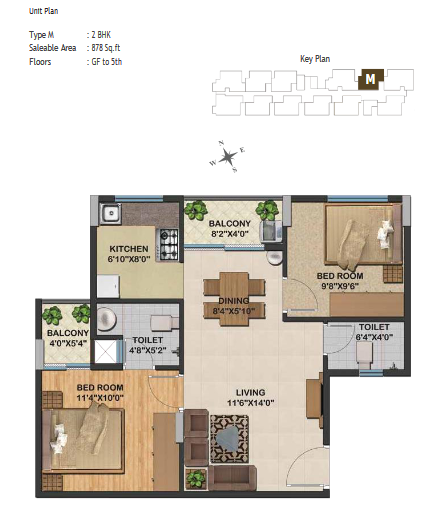 Sowparnika Natura Apartment - 878 sq ft - Type M - 2 BHK - Ground Floor to 5th Floor