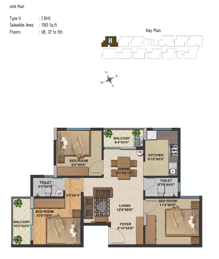 3BHK H Unit at Sowparnika Natura - Saleable Area: 1065 sq ft - Upper Basement, Ground Floor to 5th Floor