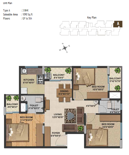 3BHK A Unit at Sowparnika Natura - Saleable Area: 1090 sq ft - Ground Floor to 5th Floor