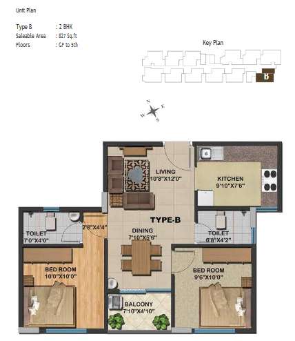 2 BHK Type B Unit at Sowparnika Natura - Saleable Area: 827 sq ft - Ground Floor to 5th Floor