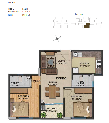 2 BHK Type C Unit at Sowparnika Natura - Saleable Area: 827 sq ft - Ground Floor to 5th Floor