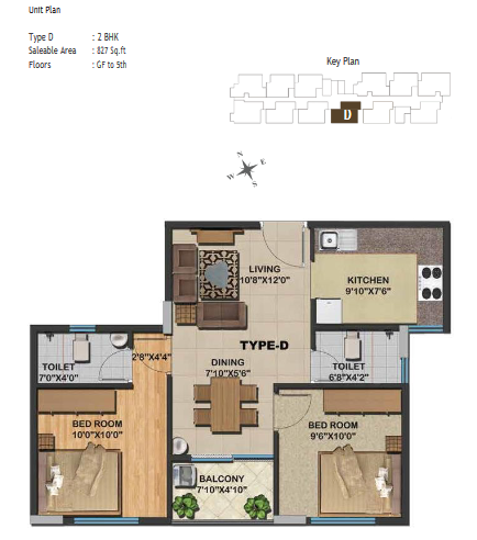 2 BHK Type D Unit at Sowparnika Natura - Saleable Area: 827 sq ft - Ground Floor to 5th Floor