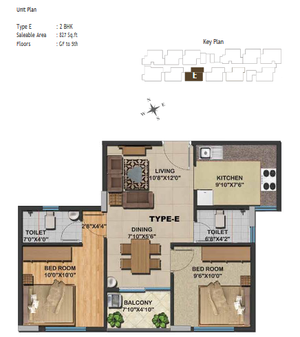 Sowparnika Natura 2 BHK Apartment - 827 sq ft - Type E - Ground Floor to 5th Floor 