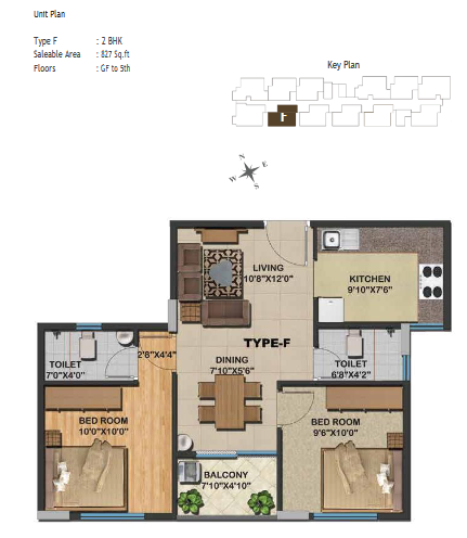 Sowparnika Natura Apartment - 827 sq ft - 2 BHK Type F - Ground Floor to 5th Floor