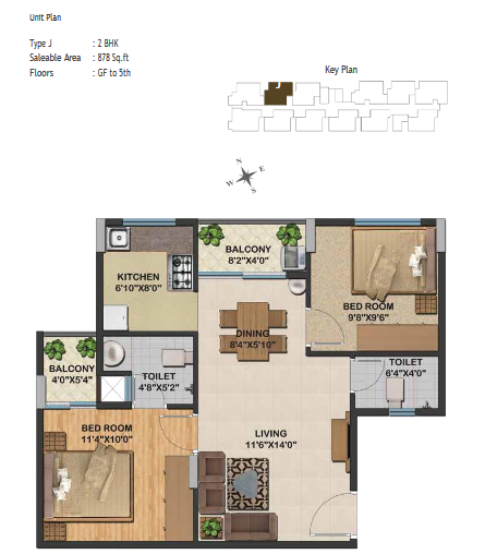 Sowparnika Natura Apartment - 878 sq ft - Type J - 2 BHK - Ground Floor to 5th Floor