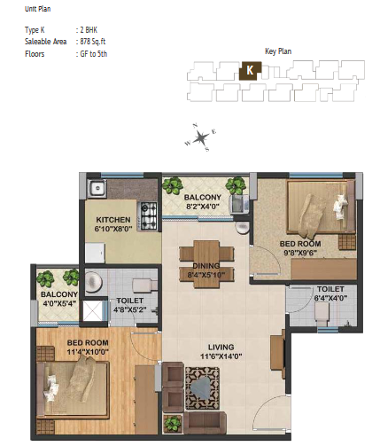 Sowparnika Natura Apartment - 878 sq ft - Type K - 2 BHK - Ground Floor to 5th Floor 