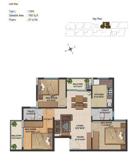 3BHK L Unit at Sowparnika Natura - Saleable Area: 1065 sq ft - Ground Floor to 5th Floor