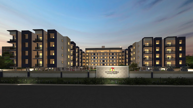 Sowparnika Spandan Modern Facade Illuminated in Warm Evening Light